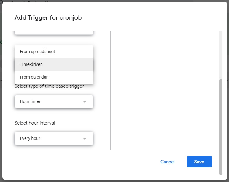 Google App Script cron Trigger Time-driven, every minute, hourly, daily, weekly
